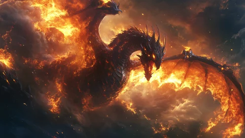 Fiery winged dragon rendered in detailed atmospheric scene