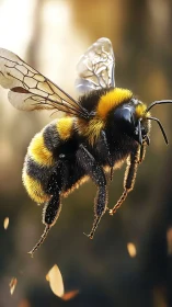 Photorealistic macro study of a bee in suspended flight.