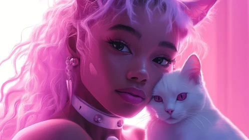 Neon-lit catgirl and white cat share a dreamy magenta glow
