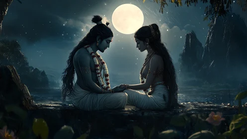 Digital depiction of two figures seated by a moonlit lake.