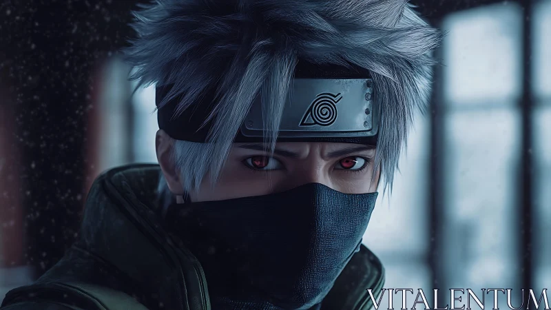 Frost-lit masked ninja with silver hair and burning gaze.