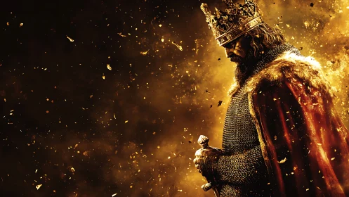 Golden armored king holding sword in burning particles.
