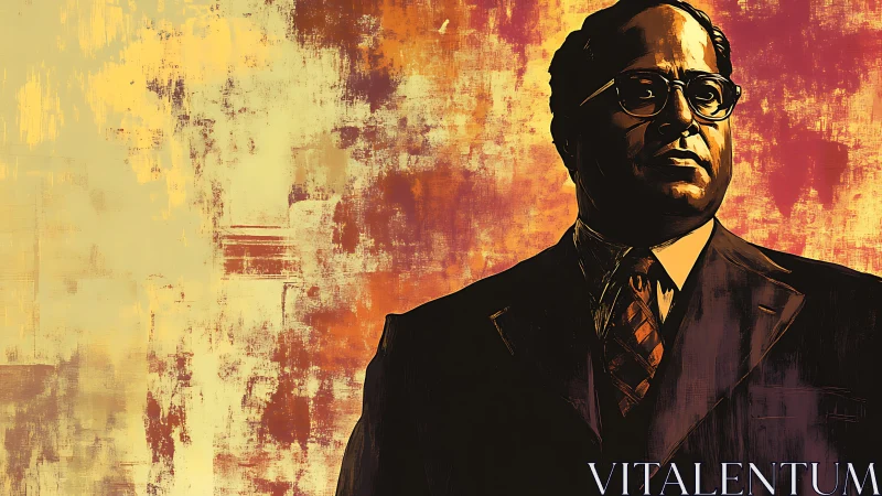 Stoic man in suit stands against fiery abstract backdrop