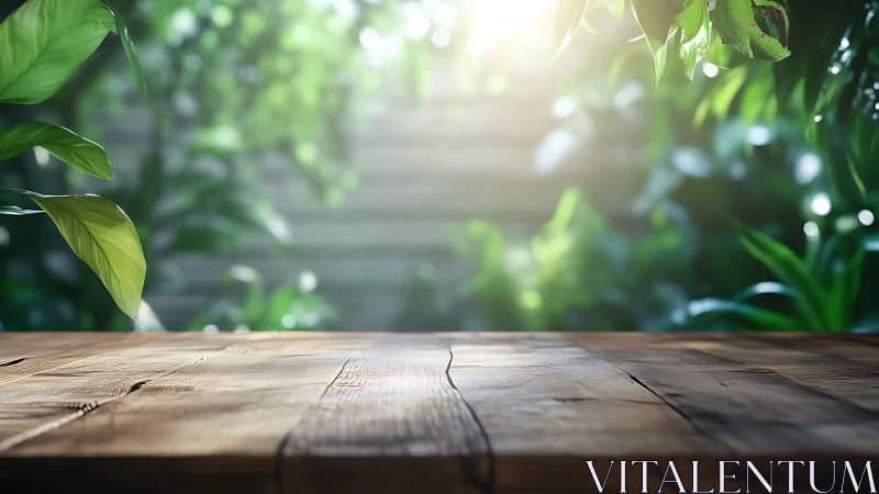 Sunlit wooden table stands before lush green garden backdrop