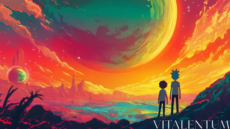 Two figures observe vivid alien landscape and planet.