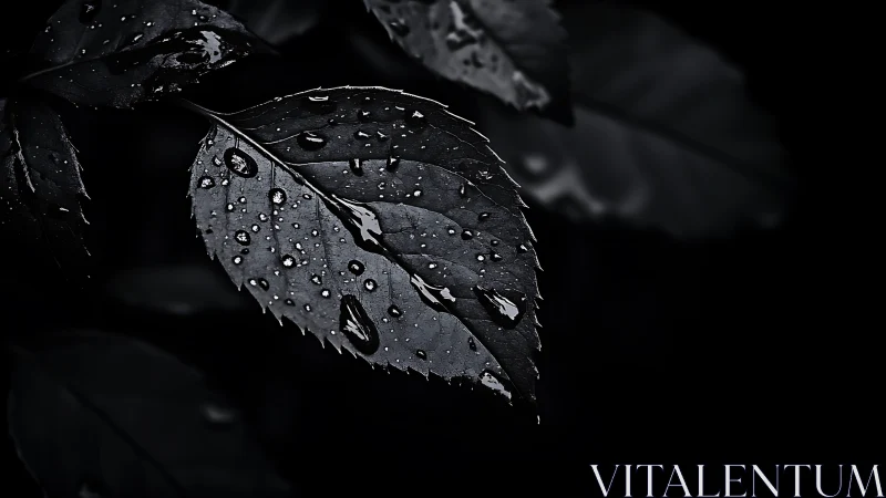 Close-up of wet leaf with water droplets in low light.