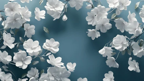 Delicate White Floral Specimens Against Gradient Blue Tonal Field.