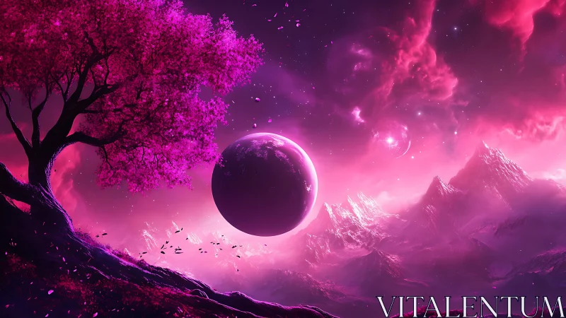 Dreamy pink cosmos with floating planet and glowing peaks.