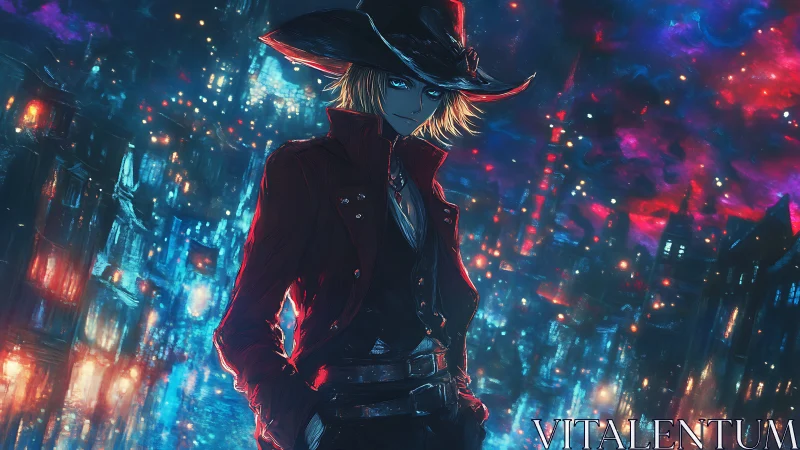 Midnight gunslinger strolls through neon-soaked dream cityscape