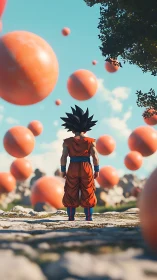 Solitary anime warrior surveys levitating orbs in daylight field