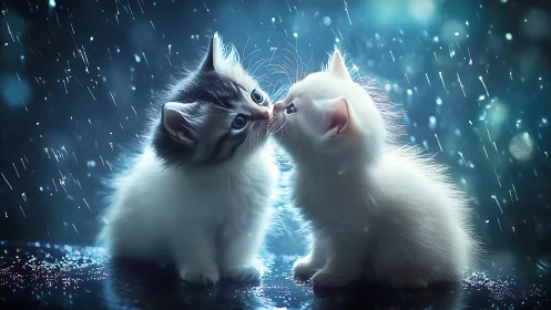 Two Fluffy Souls Meeting in the Rain: A Whisker-to-Whisker Moment.