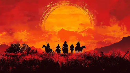 Sunset riders crossing a fiery wild western horizon.