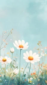 White Daisies with Golden Centers Against Soft Blue Sky.