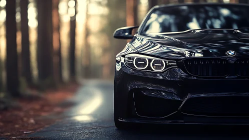 Glossy black sports coupe waits on a quiet forest road