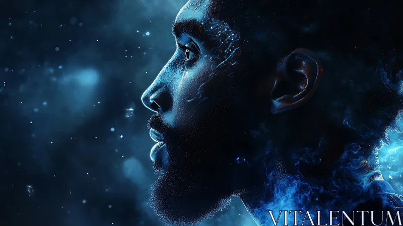 Stellar profile of man dissolving into glowing cosmic mist.