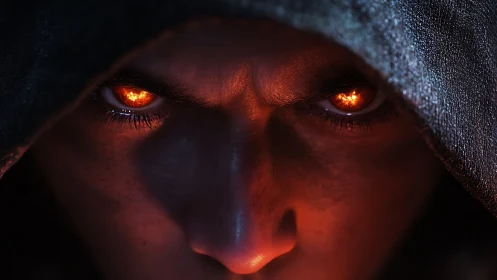 Hooded gaze with ember eyes and a storm of quiet power.