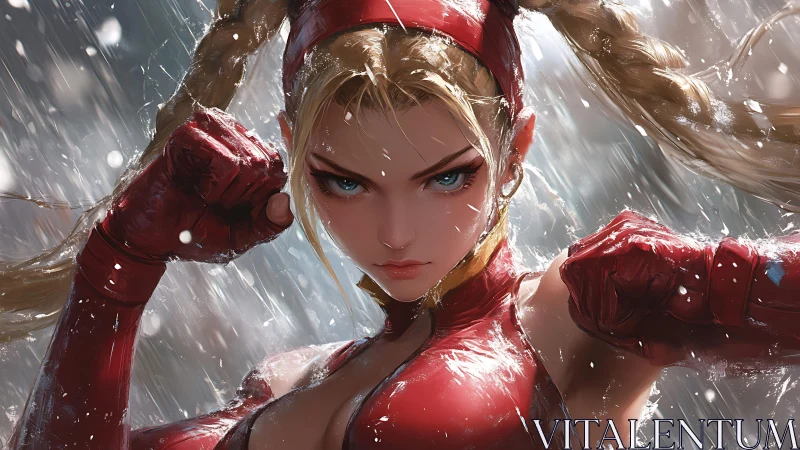 Blonde female fighter in red gear under heavy rain.