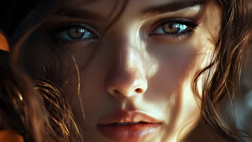 Sunlit close-up portrait with intense reflective gaze.