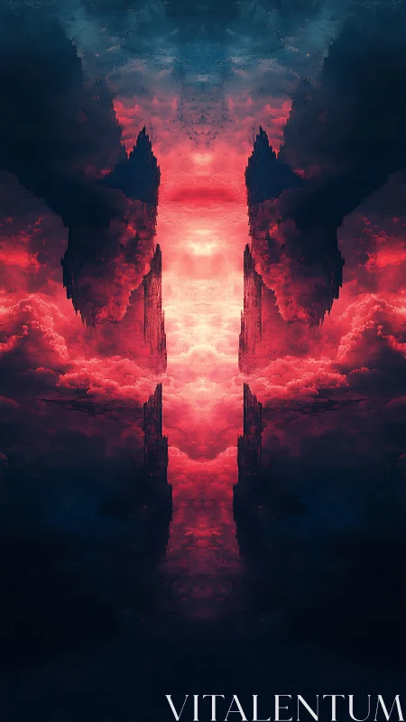 Crimson storm portal opens between towering mirrored clouds