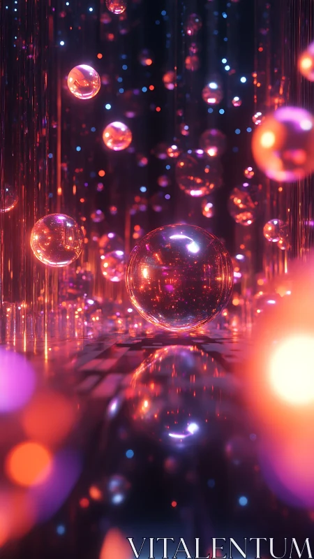 Chromatic glass spheres in neon volumetric light corridor