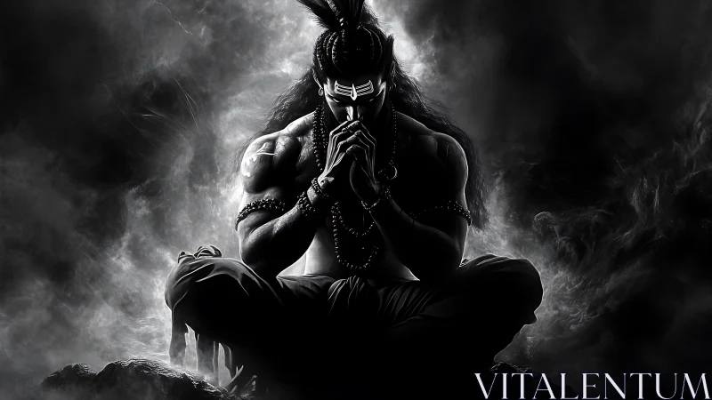 Shadowed warrior in meditation amid swirling sacred smoke.