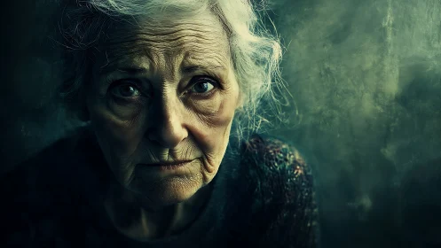 Photorealistic elderly portrait in moody chiaroscuro lighting.