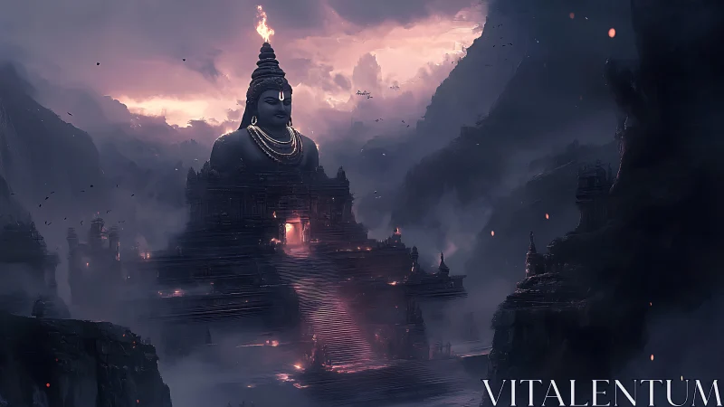 Misty mountain temple with colossal serene statue at dusk.