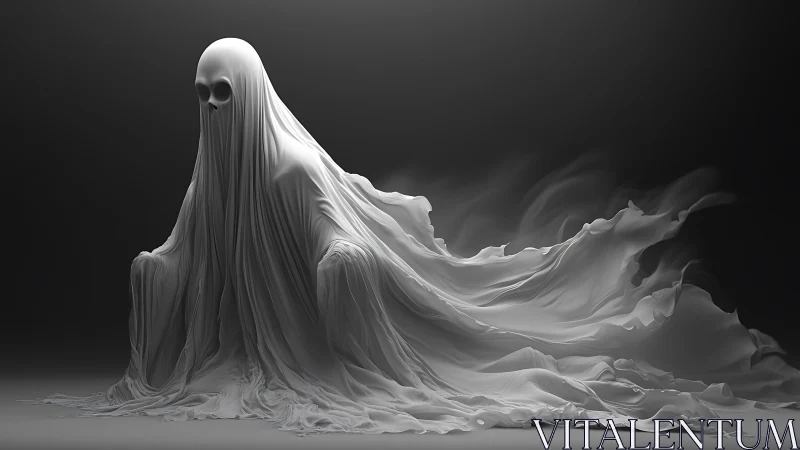 Shrouded spectral figure in flowing sculpted white drapery.