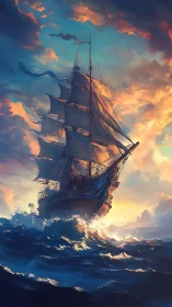 Digital seascape of tall ship under luminous storm sky.