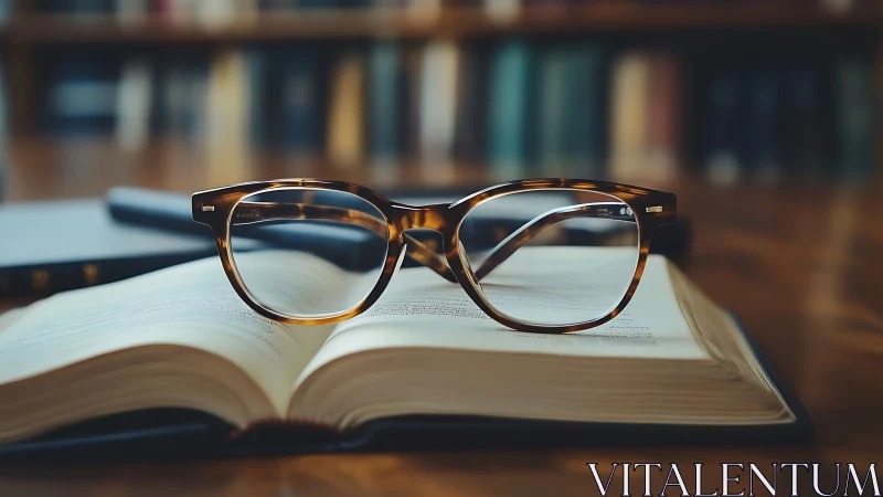 Tortoiseshell optical frame resting on open reference volume.