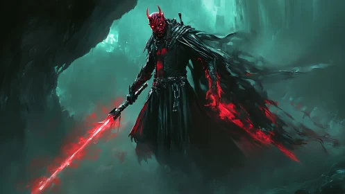 Crimson warlord stalks the mist with a blazing hellblade.