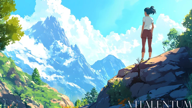 Hiker on sunlit rocky outcrop overlooking alpine peak panorama