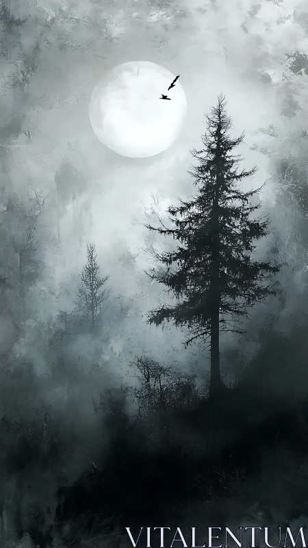 Solitary evergreen stands before full moon in dense fog