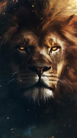High-contrast lion portrait with fiery bokeh and cinematic lighting