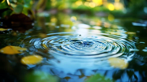 Water droplet impacts pond surface and forms circular ripples
