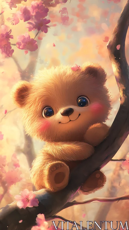 Soft teddy bear smiles in dreamy cherry blossom branches