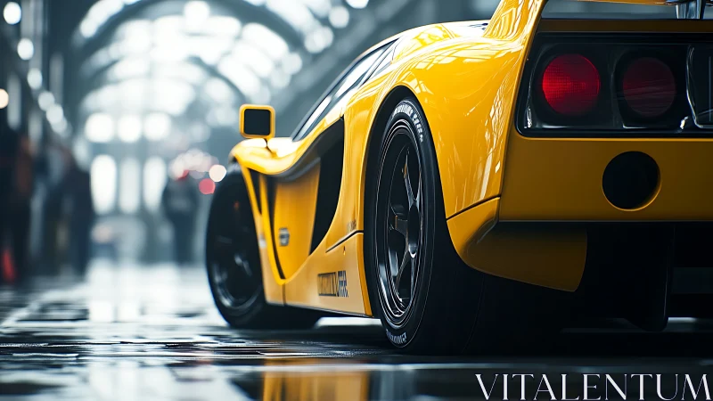 Sunlit yellow supercar prowls a glossy tunnel of reflections