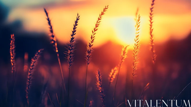 Backlit grass stems against low sun on blurred horizon.
