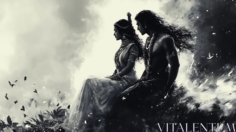 Monochrome divine couple amidst swirling ethereal smoke