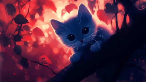 Blue feline silhouette against red botanical background