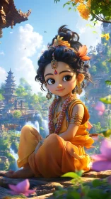 Lotus-clad child sage above cascading temple valleys.