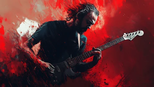 Electric guitar storm in a sea of red and motion.