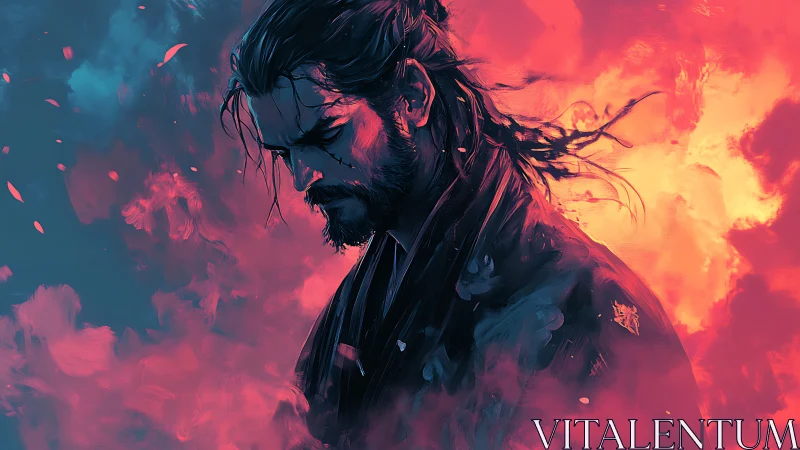 Brooding ronin adrift in neon embers and twilight storms.