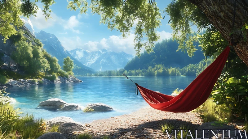 Red hammock spans shaded lakeshore beneath alpine light gradients