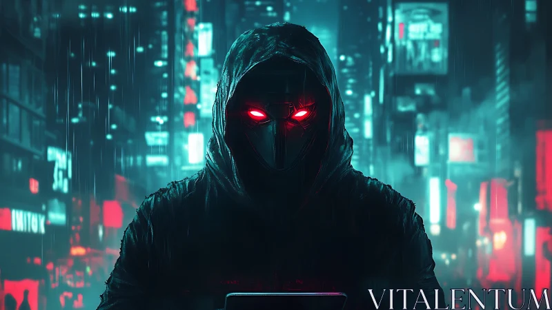 Cyberpunk hooded hacker with glowing red eyes at night.