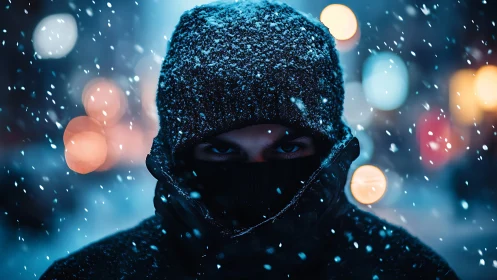 Snow-covered hooded figure in winter street bokeh at night
