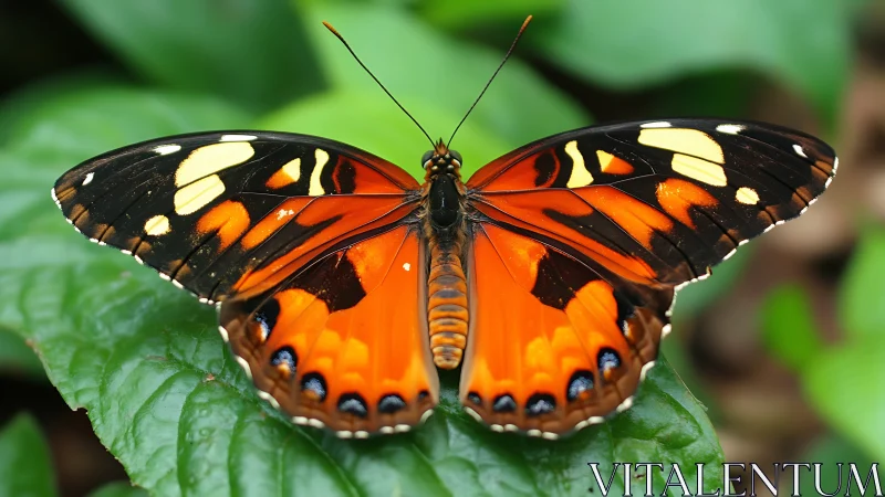 Vibrant orange butterfly rests on lush green foliage