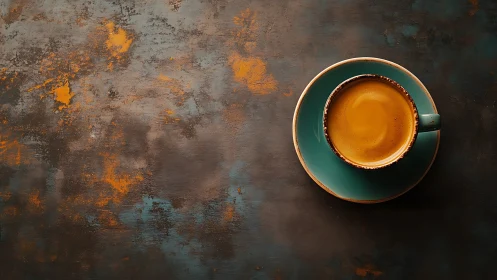 Teal espresso cup resting on textured rust-stained surface.