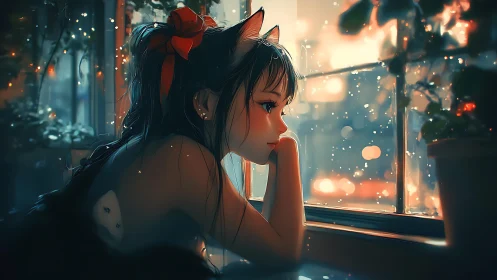 Citylights cradle the wistful cat eared girl at dusk