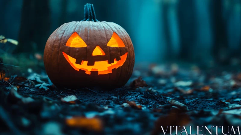 Glowing jack o lantern on misty forest path at dusk.